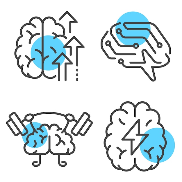 Set di icone di attività cerebrale in stile lineare per la risoluzione dei problemi e la progettazione di concetti di conoscenza