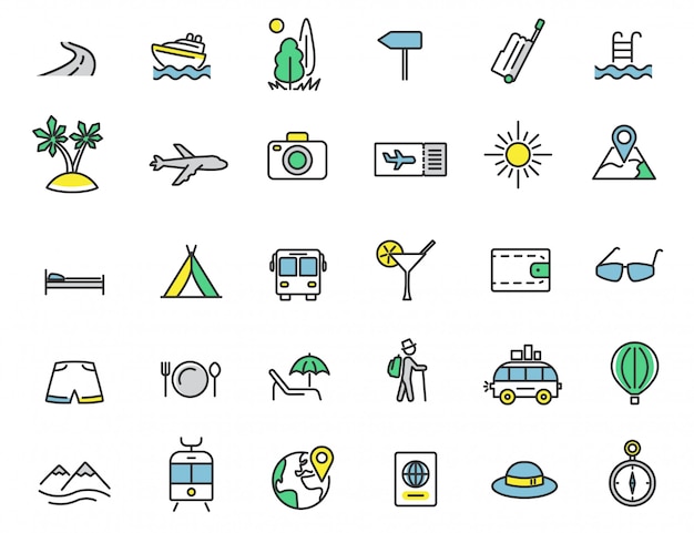 Set of linear travel icons tourism icons