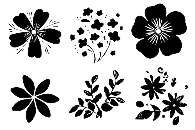 Set of lino cut grunge flower ink stamp Pack of contemprorary texture elements Vector illustration