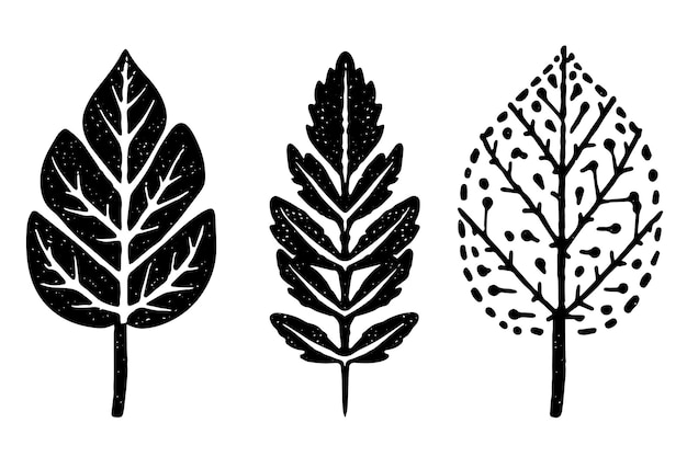 Set of lino cut vector stamp black leaves and branch imprints Hand drawn floral elements