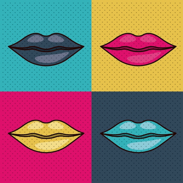 set lips female pop art isolated icon