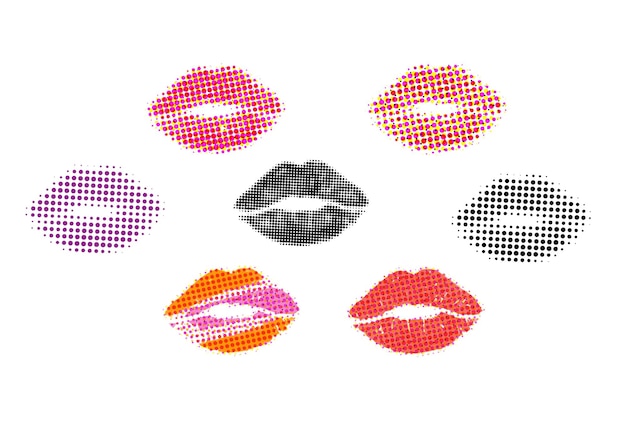 Set lips kiss as retro halftone
