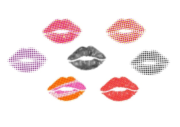 Vector set lips kiss as retro halftone