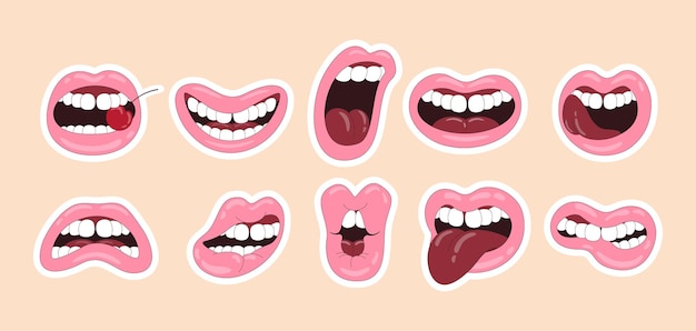 A set of lips stickers with cherries smiling angry expressing\
different emotions vector illustration