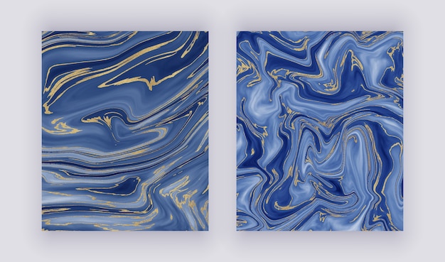 Set liquid marble texture. Blue and golden glitter ink painting abstract pattern