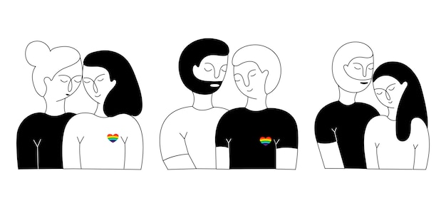 A set of lisbian couple, gay couple and heterosexual couple.