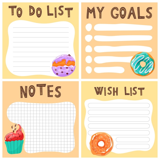 Set of to do lists with cute dessert donut illustrations for agenda planners check lists notebooks c