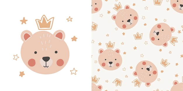 Set little bear princess with crown seamless pattern cartoon funny baby print cute animal creative nursery wallpapers boho style