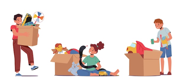 Вектор Набор маленьких мальчиков и девочек, играющих с игрушками. детский персонаж берет игровые вещи из большой картонной коробки, изолированной на белом