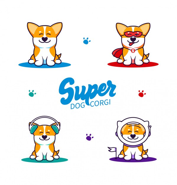 Set di piccoli cani, loghi con testo. personaggi dei cartoni animati divertenti corgi, logotipi
