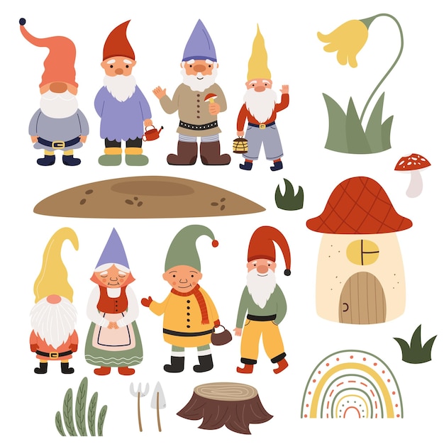 Vector a set of little gnomes in caps and their tools. vector flat illustration.