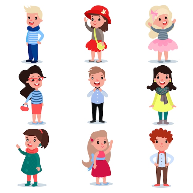 Set of little kids wearing different fashion clothes. Cartoon boys and girls characters standing isolated on white. Flat   design