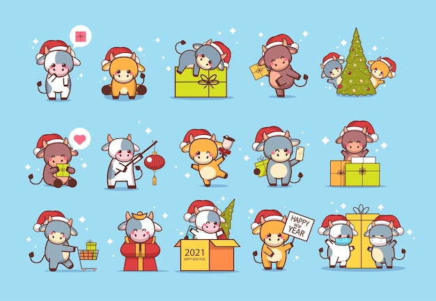 산타 모자에 작은 oxes 설정 새해 복 많이 받으세요 인사말 카드 귀여운 소 마스코트 만화 캐릭터 컬렉션 전체 길이 그림
