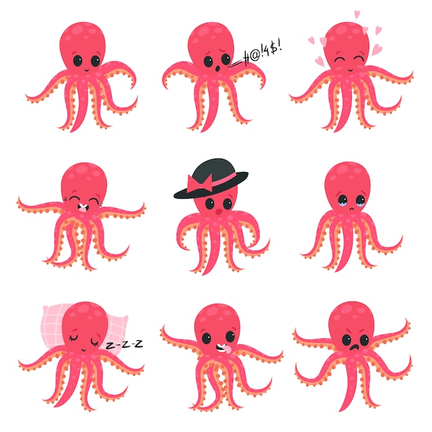 Set of little pink octopus showing various emotions and actions. Cartoon characters of marine creatures. Flat   design