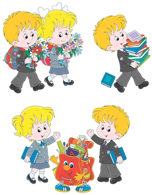 Premium Vector | Set of little schoolchildren going to school with ...