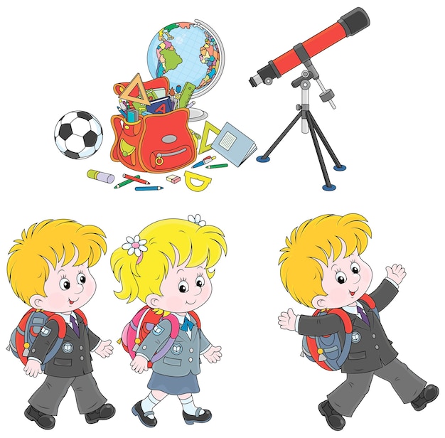 Set di piccoli scolari con le loro cartelle e libri di testo, un globo e un telescopio