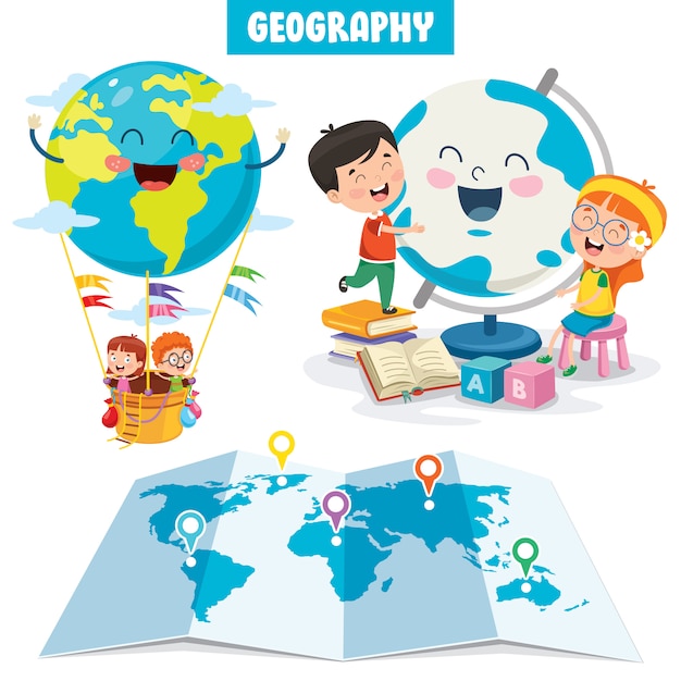 Vettore insieme di piccoli studenti che studiano geografia