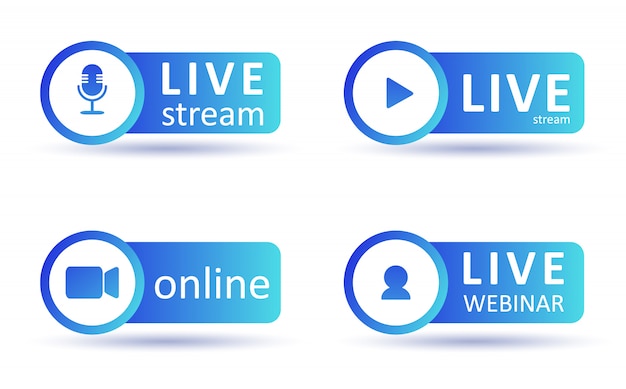 Vettore set di icone di streaming live. simboli di gradiente e pulsanti di streaming live, trasmissione, webinar online. etichetta per tv, spettacoli, film e spettacoli dal vivo. vector piatta illustrazione. eps10.