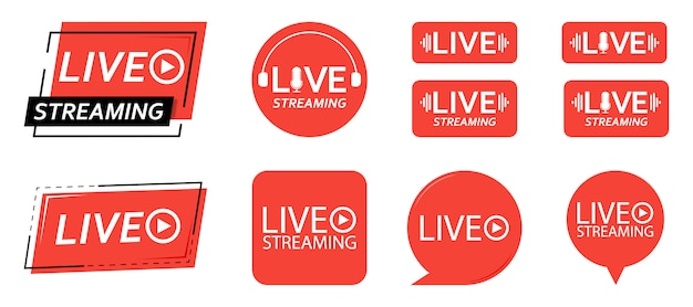 라이브 스트리밍 아이콘 세트 라이브 스트리밍, 방송, 온라인 스트림의 빨간색 기호 및 버튼. TV, 쇼, 영화 및 라이브 공연을위한 세 번째 템플릿. 삽화.