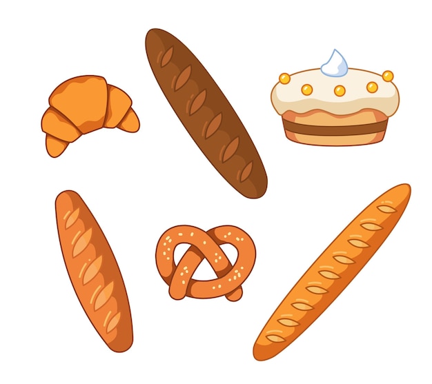 A set of loaves rolls rich pretzels pastries cake Vector illustration of bread in cartoon style