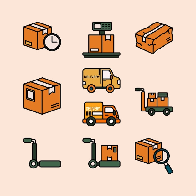 Set of Logistic and Shipping Cute Flat Line Illustration