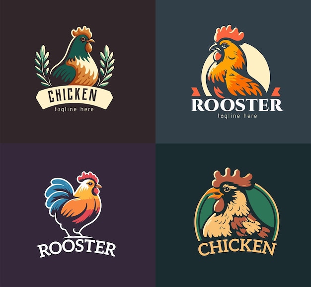 Set logo Badges met Chicken Rooster logo Collectie in Retro vintage stijl Emblemen