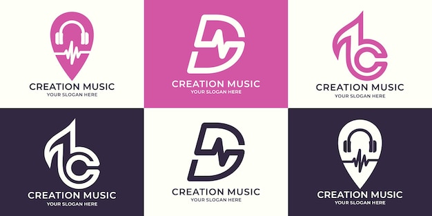 Set di combinazione di logo di frequenza musicale per cuffie lettera d tono astratto