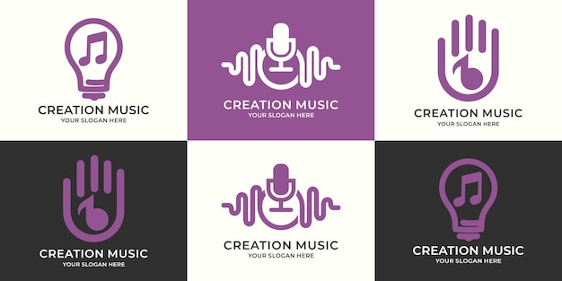 Set di combinazione di logo della mano di frequenza del podcast dell'impulso della lampadina del tono musicale