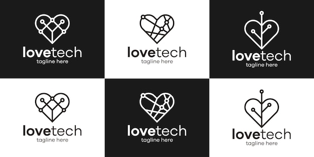 로고 디자인 사랑 라인 및 기술 스타일 아이콘 벡터 일러스트 설정