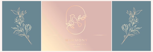 Vector set of logo design templates in trendy linear style in gold tones dawn with flowers luxury and jewelry concepts for exclusive services and products beauty and spa industry