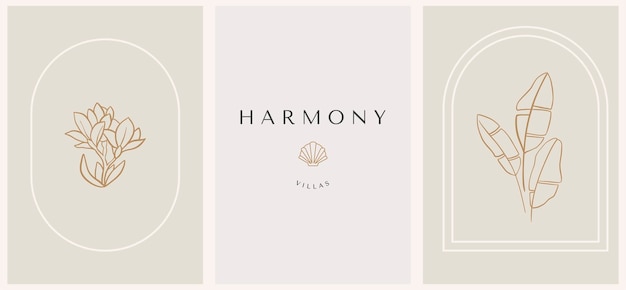 Set logo-elementen met palmbladeren en magnolia in bogen