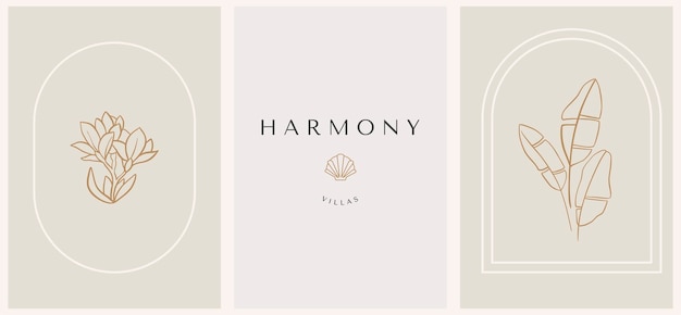 Set of logo elements with palm leaves and magnolia in arches