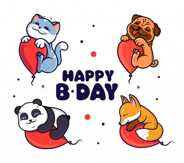 Set of logo Happy Birthday with animals.