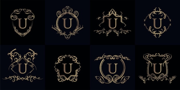 Set of Logo initial U with luxury ornament or flower frame