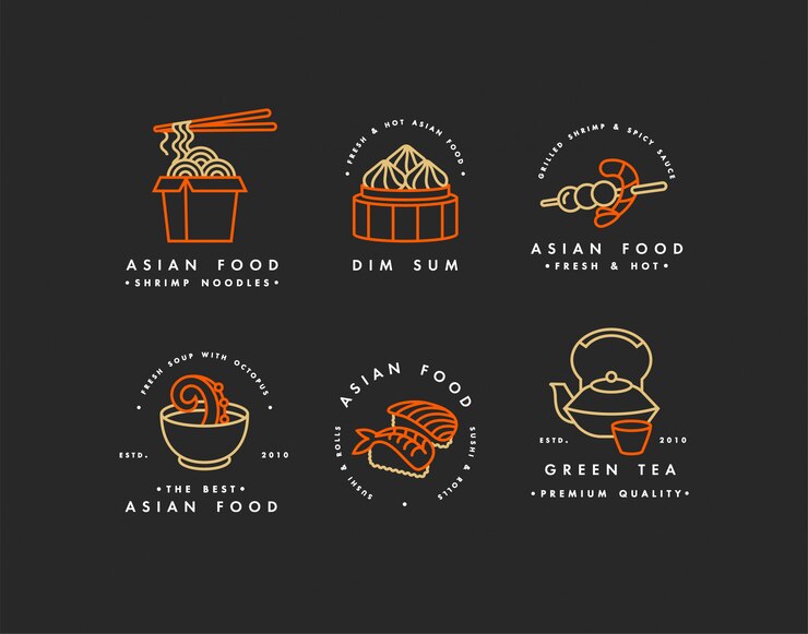 set logo ontwerpsjablonen en emblemen of badges. Aziatisch eten - noedels, dim sum, soep, sushi. Lineaire logo's, goud en rood.