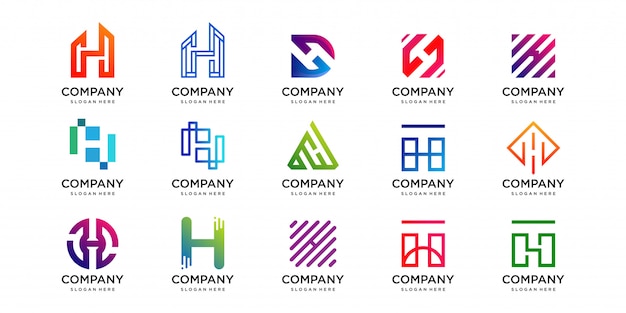 文字Hデザインコレクション、技術、高級、家、建物、幾何学のロゴのセット