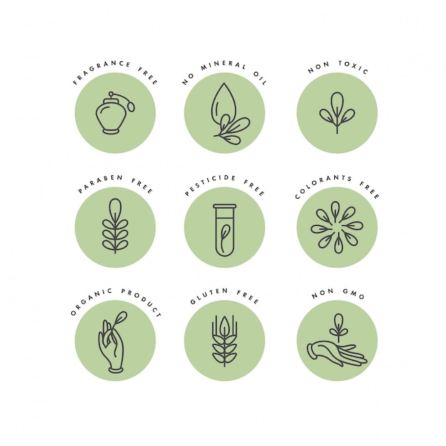 Set of logos, badges and icons for natural and organic products. eco safe sign design. collection symbol of healthy products.