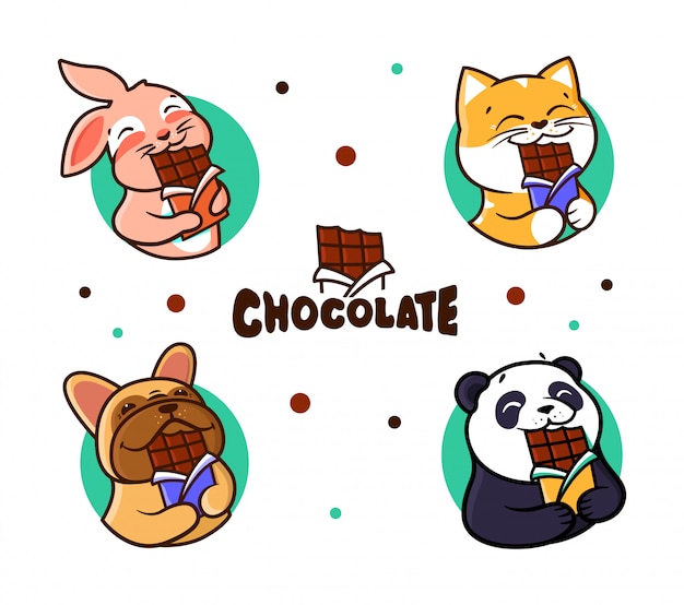 Set of logos chocolate. logotypes animals eating chocolate.