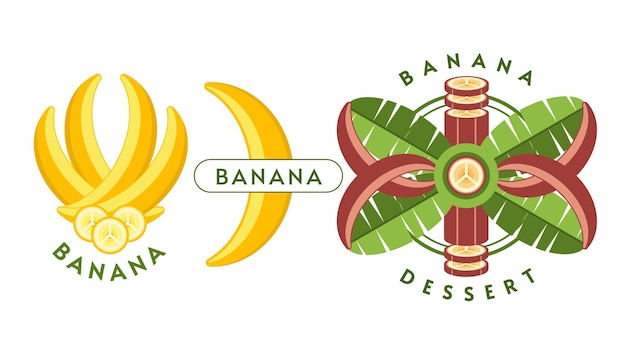 Set of logos emblems badges with yellow red bananas banana flowers leaves slices bunch of bananas Isolated vector illustration Good for decoration of food package creation of stickers Flat