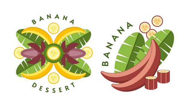 Set of logos emblems badges with yellow red bananas banana flowers leaves slices bunch of bananas