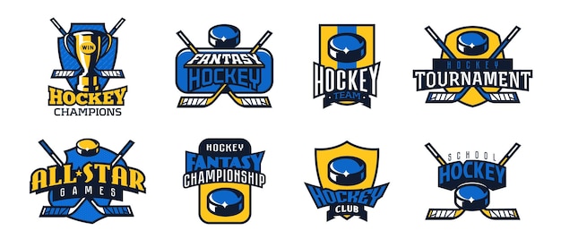 Set of logos emblems of ice hockey colorful collection of ice hockey emblems logo template for sports tournaments fantasy leagues championship champion cup club puck sticks isolated vector