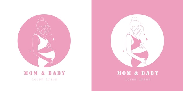 Vector set of logos for maternity hospital logotype with pregnant women contemporary minimalist female figures in linear style modern vector hand drawn illustration clinic center and health care