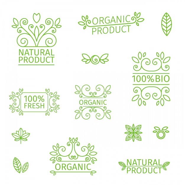 Vector set of logos for natural products, farms, organic. floral elements and swirl. green, pastel colors.