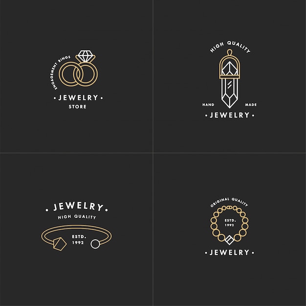 Vector set of logos with necklace and gem stone, wedding rings and bracelet