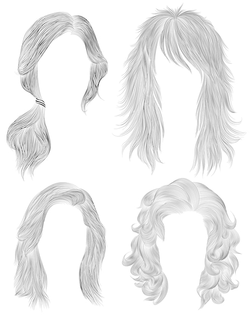 Set long woman hairs  . black  pencil drawing sketch . women fashion beauty style. tail . fringe curls cascade.