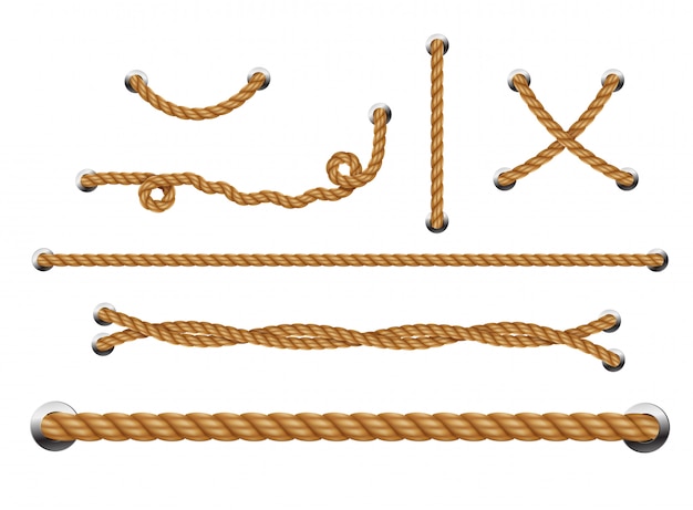 Set of looped ropes with metal holes. Rope threads.