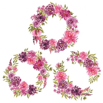 Set di corona di fiori dell'acquerello ramo sciolto con fiori viola e rosa
