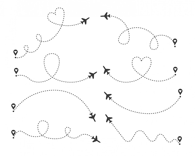 向量组爱飞机航线。空中飞机飞行路线起点和虚线痕迹。浪漫的旅行,心冲路径孤立的透明背景。插图。