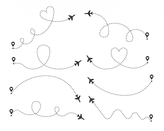 Insieme di rotte di aeroplano amore. rotta di volo dell'aereo con punto di partenza e traccia della linea tratteggiata. viaggio romantico, percorso tratteggiato cuore isolato su sfondo trasparente. illustrazione.