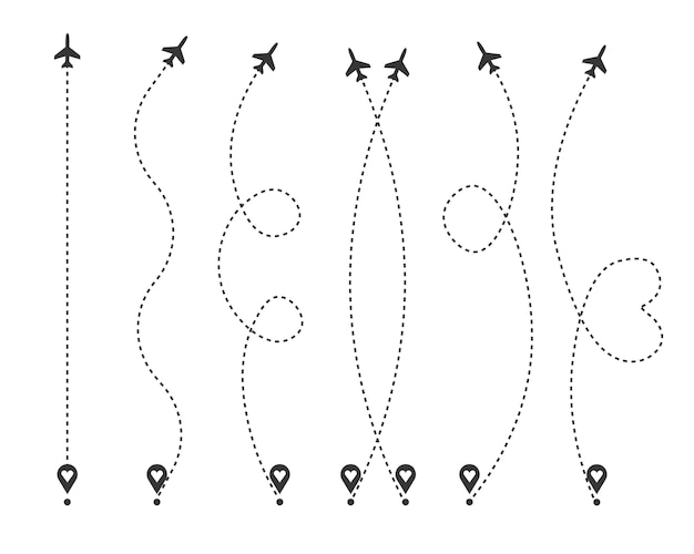 Insieme di rotte di aeroplano amore. rotta di volo dell'aereo con punto di partenza e traccia della linea tratteggiata. viaggio romantico, percorso tratteggiato cuore isolato su sfondo trasparente. illustrazione.